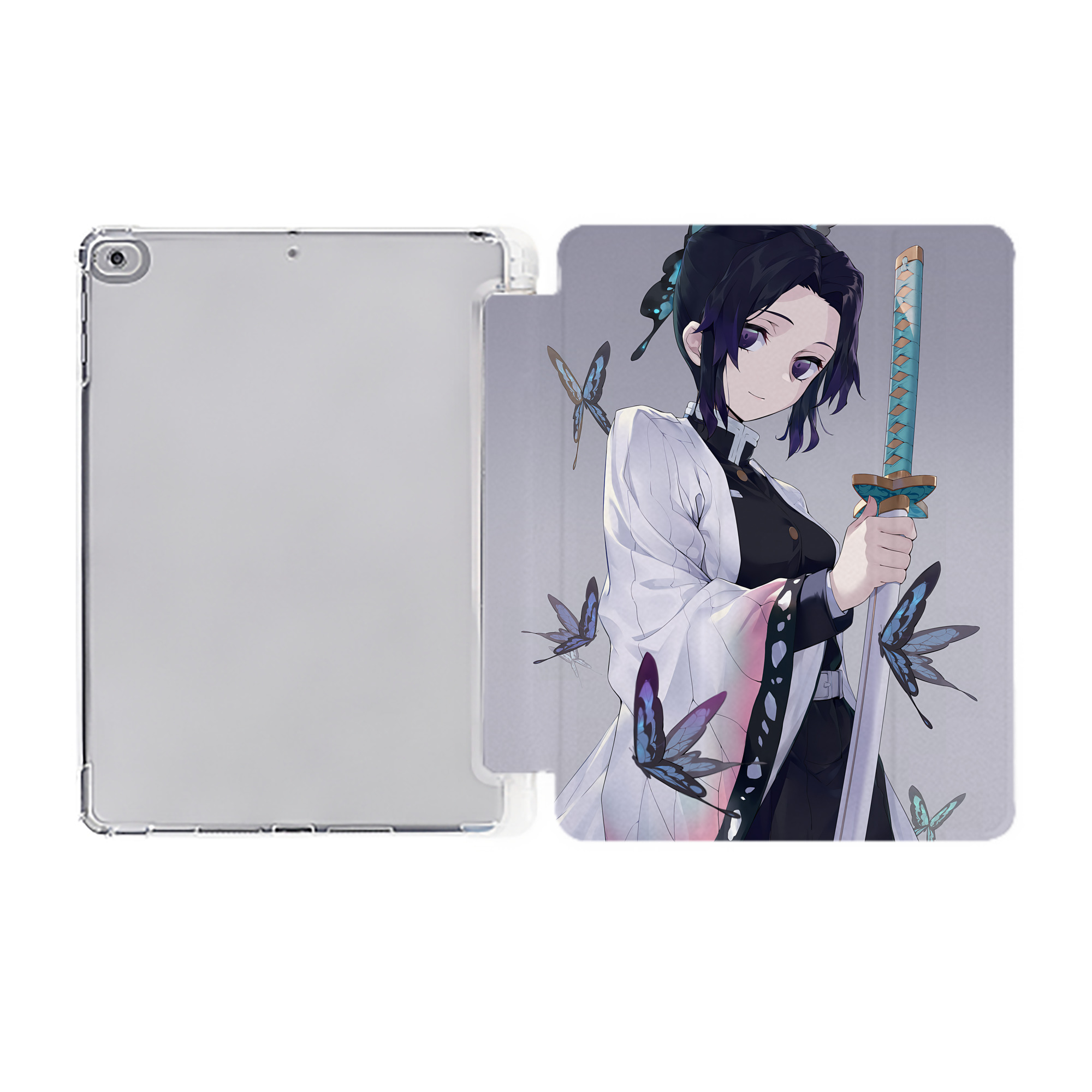（画像用） 鬼滅の刃（きめつのやいば）蟲柱-胡蝶 しのぶ／こちょう しのぶ Kochou Shinobu IPad ケース ペン収納付き 三つ折りスタンド PUレザー×シリコン 対応機種9.5/10.5/10.9インチ